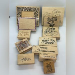 Vintage Lot Of 12 Wood Rubber Stamps Collectible Craft All Occassion
